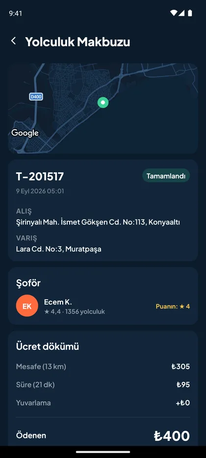 Yolculuk makbuzu ekranı: güzergâh haritası, şoför bilgisi ve mesafe, süre, yuvarlama kalemleriyle ücret dökümü